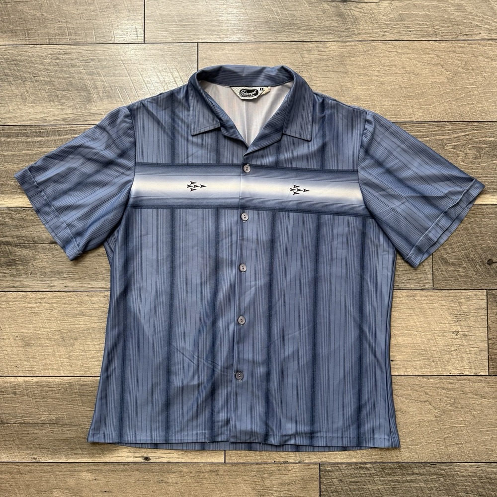 VTG Triumph Retro Rockability Bowling Shirt Blue Shadow Striped Arrow Mens Large